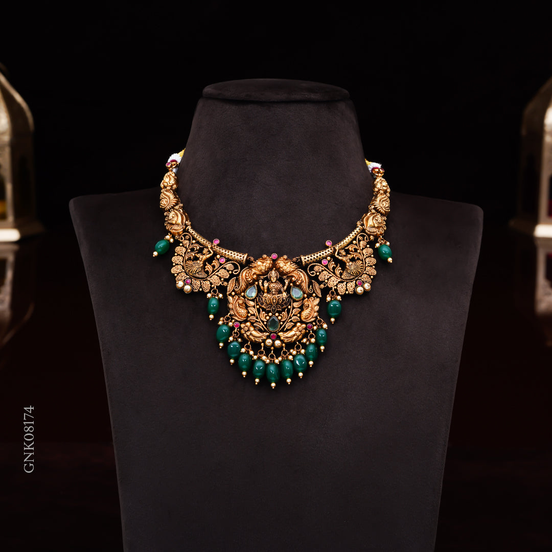 22KT Antique Lakshmi Temple Necklace with Green Beads