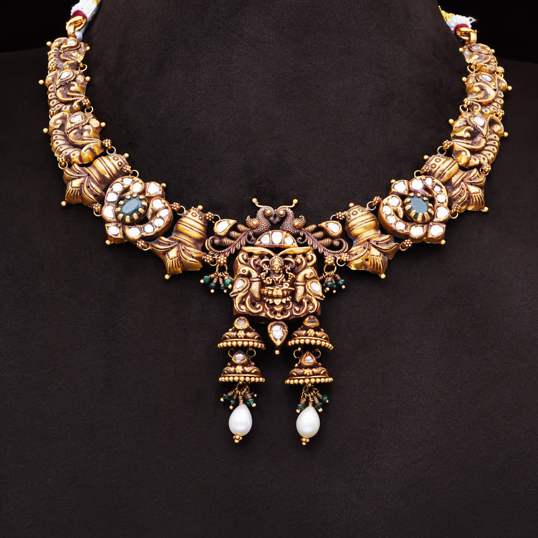 22KT Antique Temple Necklace with Pearl Drops