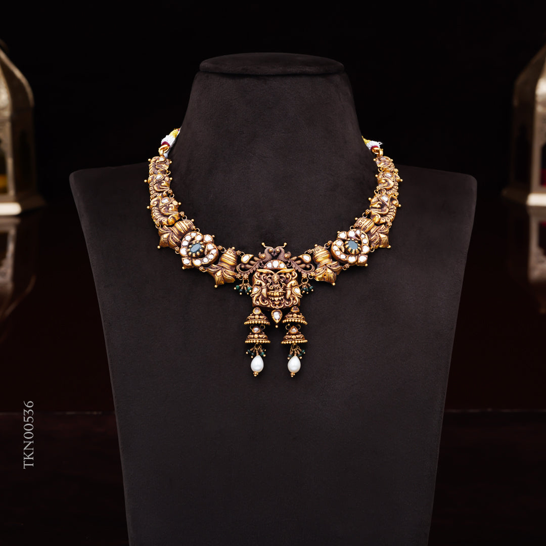 22KT Antique Temple Necklace with Pearl Drops