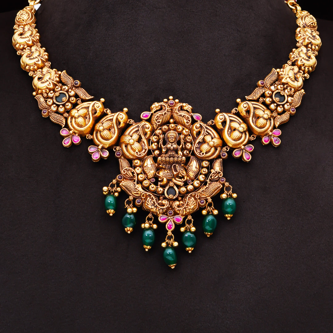 22KT Antique Lakshmi Temple Necklace with Green Beads