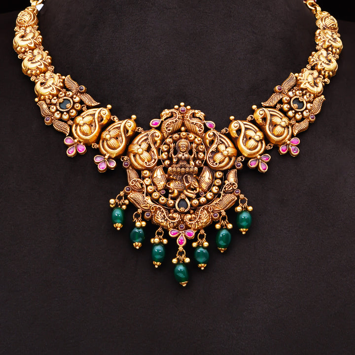 22KT Antique Lakshmi Temple Necklace with Green Beads