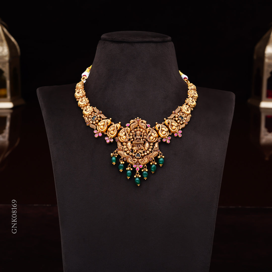 22KT Antique Lakshmi Temple Necklace with Green Beads