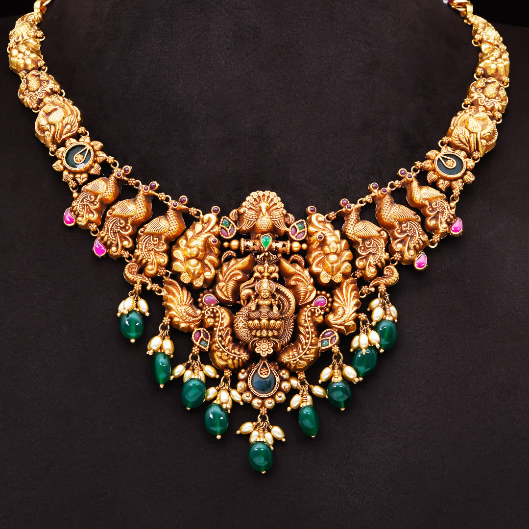 22KT Antique Lakshmi Temple Necklace with Green Beads
