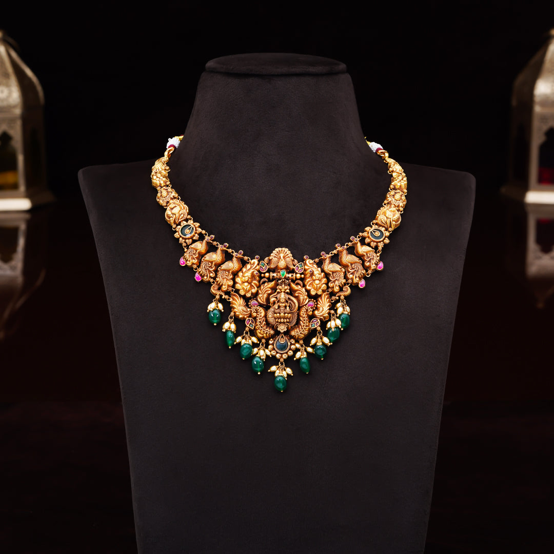 22KT Antique Lakshmi Temple Necklace with Green Beads