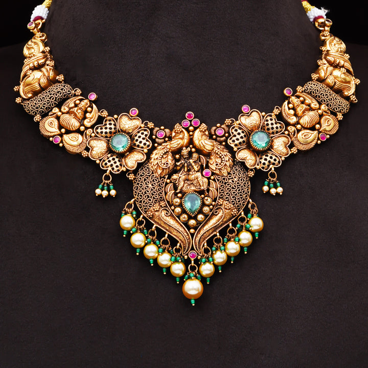 22KT Antique Lakshmi Temple Necklace with Pearl Drops