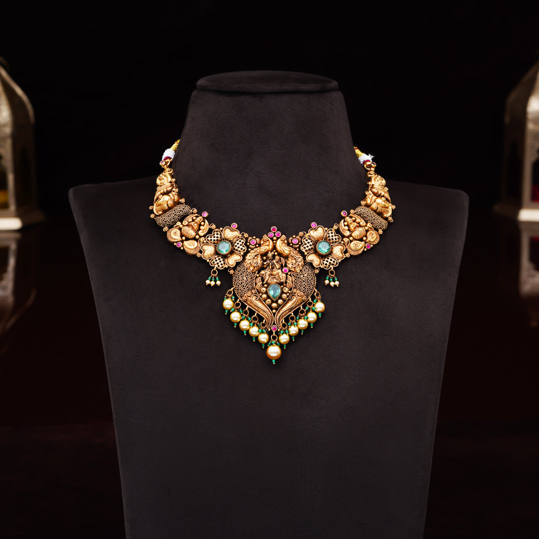 22KT Antique Lakshmi Temple Necklace with Pearl Drops
