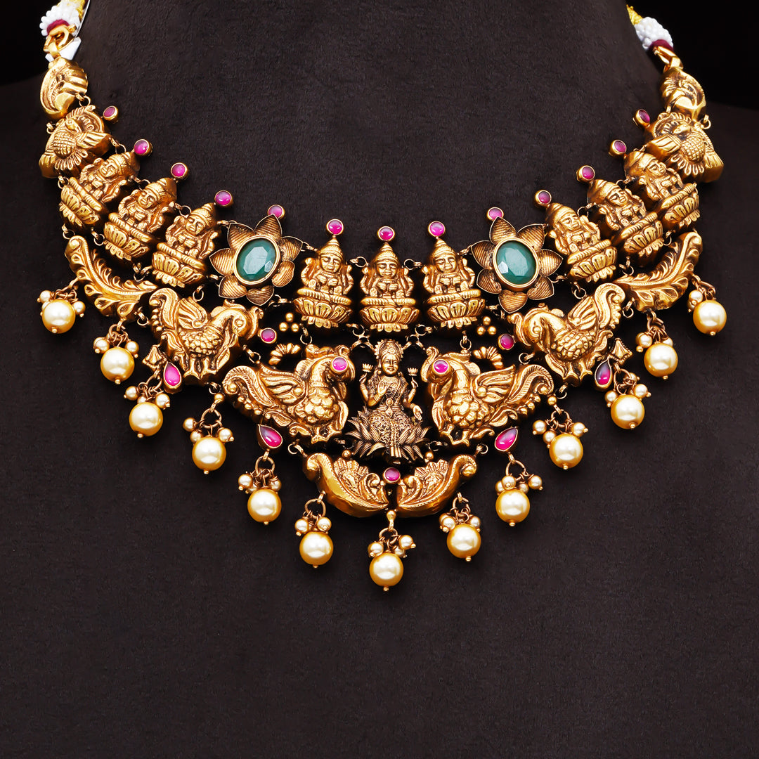 22KT Antique Lakshmi Temple Necklace with Pearl Drops