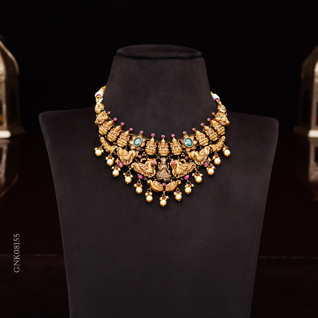 22KT Antique Lakshmi Temple Necklace with Pearl Drops