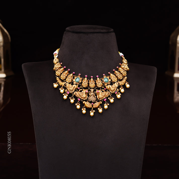 22KT Antique Lakshmi Temple Necklace with Pearl Drops