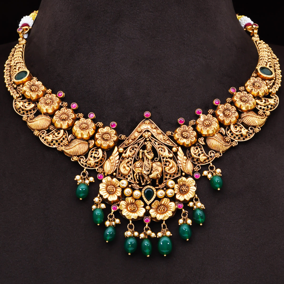 22KT Antique Temple Necklace with Floral Motifs & Green Beads