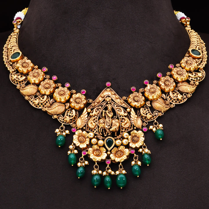 22KT Antique Temple Necklace with Floral Motifs & Green Beads