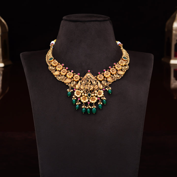 22KT Antique Temple Necklace with Floral Motifs & Green Beads