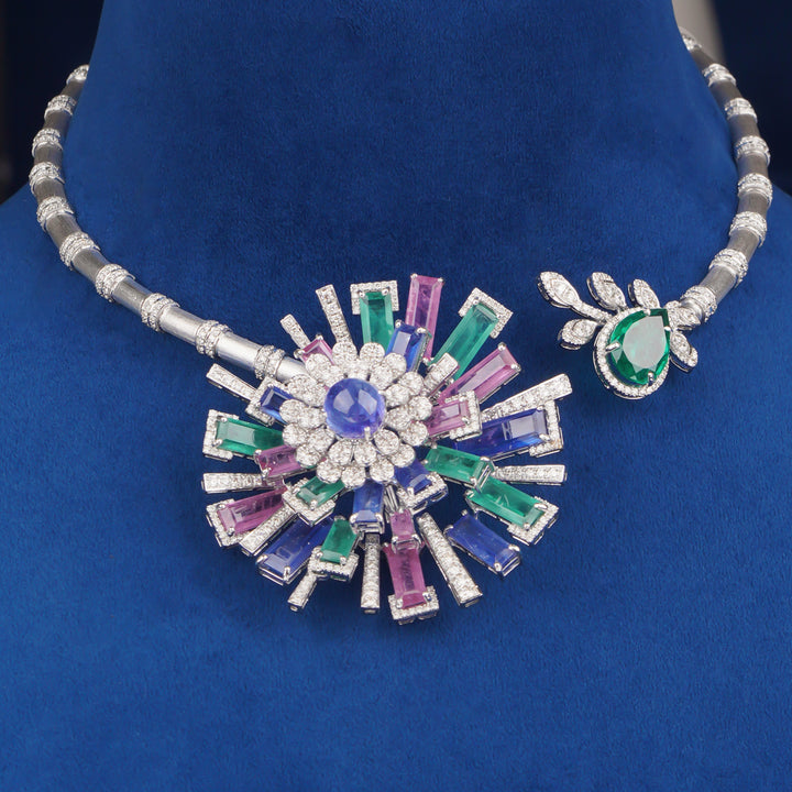 Diamond Necklace with Multicolor Gemstone Pendant