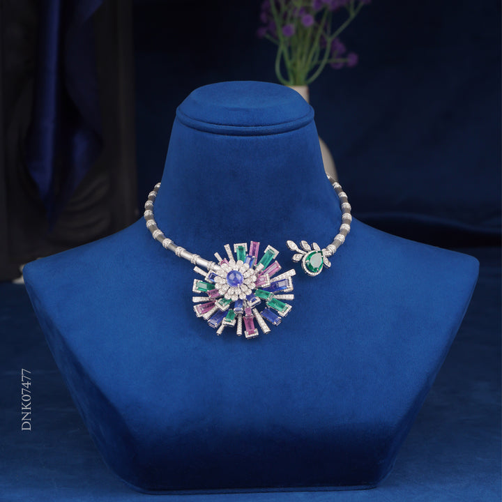 Diamond Necklace with Multicolor Gemstone Pendant