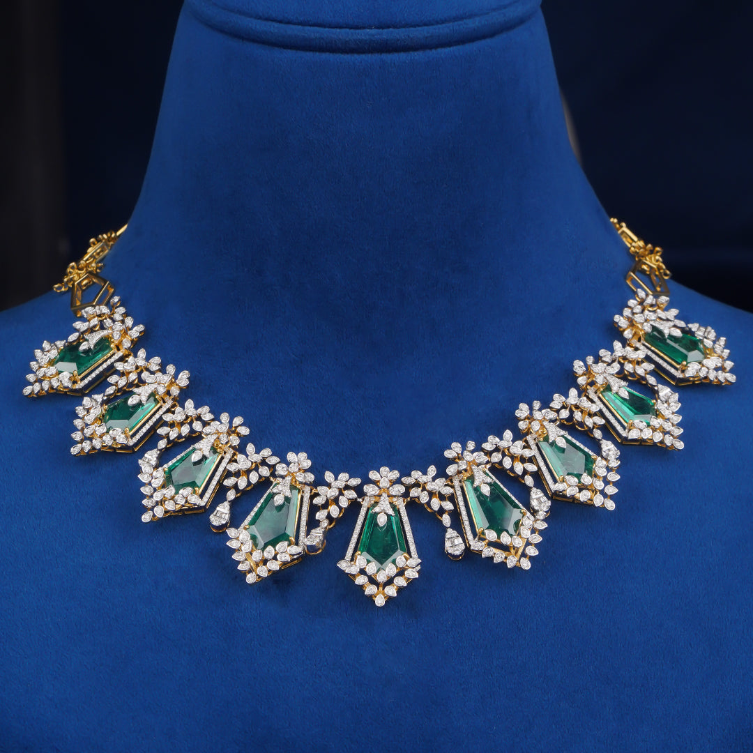 Diamond Necklace with Emerald Stone Drops