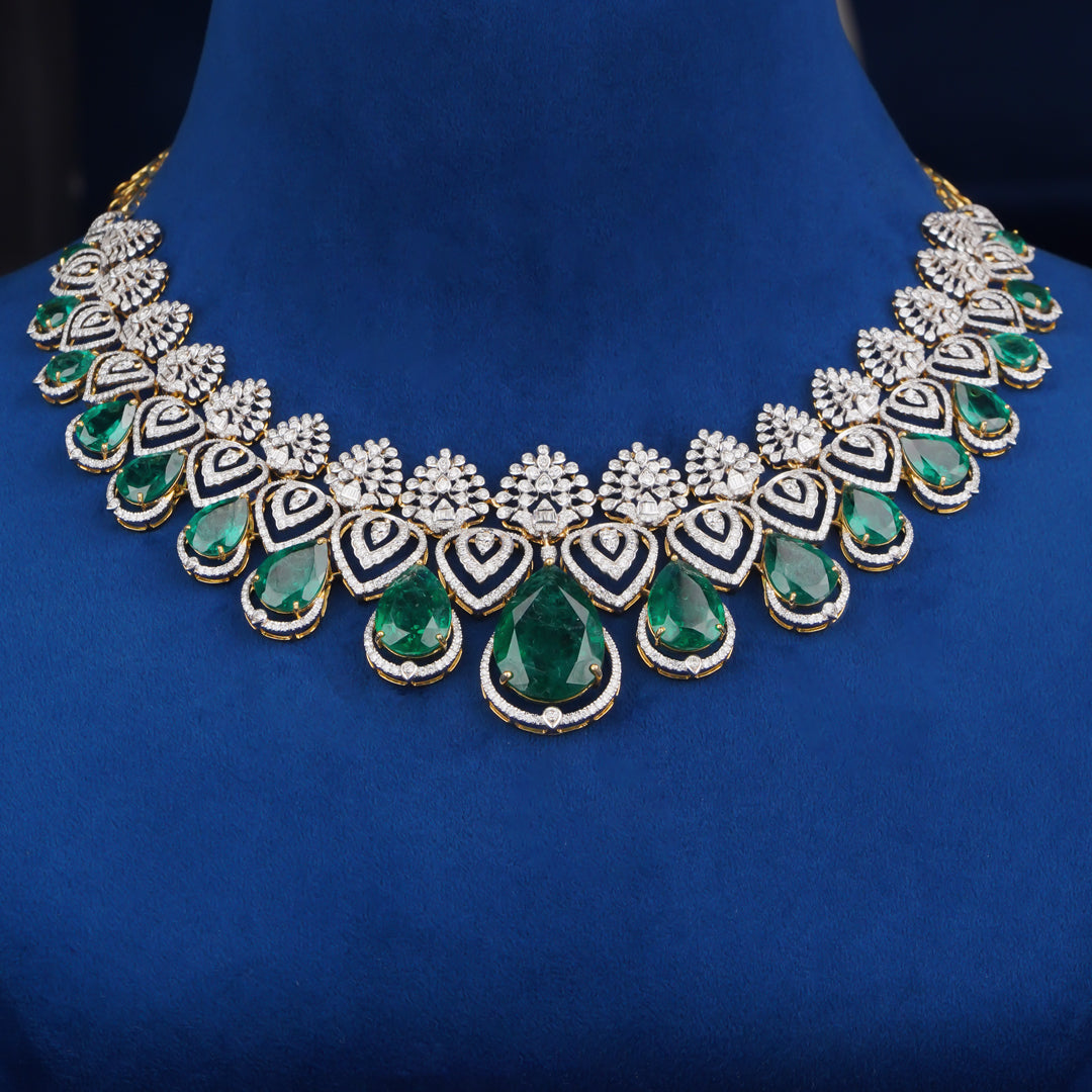 Diamond Necklace with Emerald Drop Design
