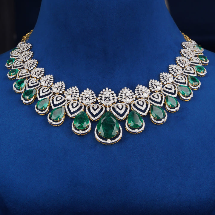 Diamond Necklace with Emerald Drop Design