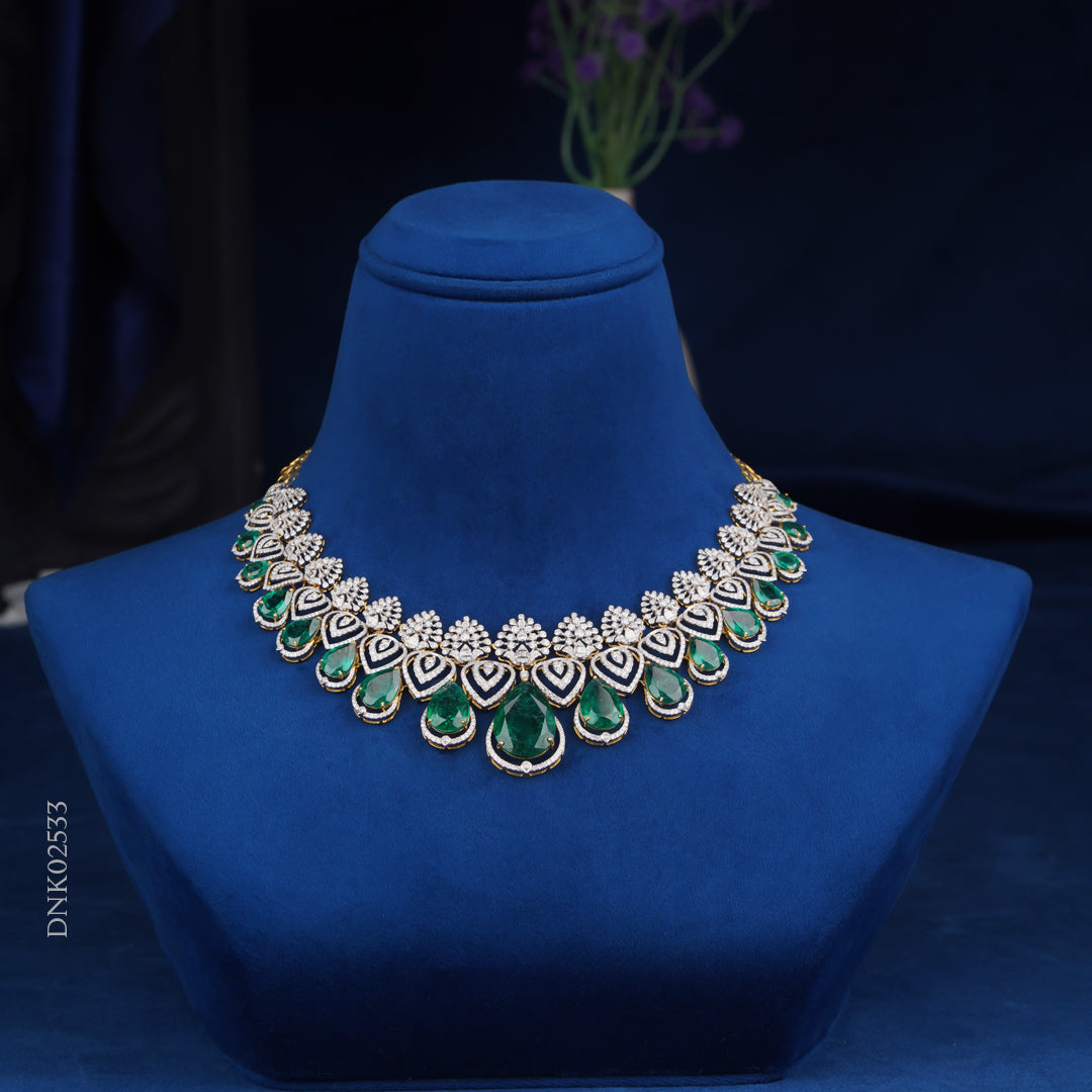 Diamond Necklace with Emerald Drop Design