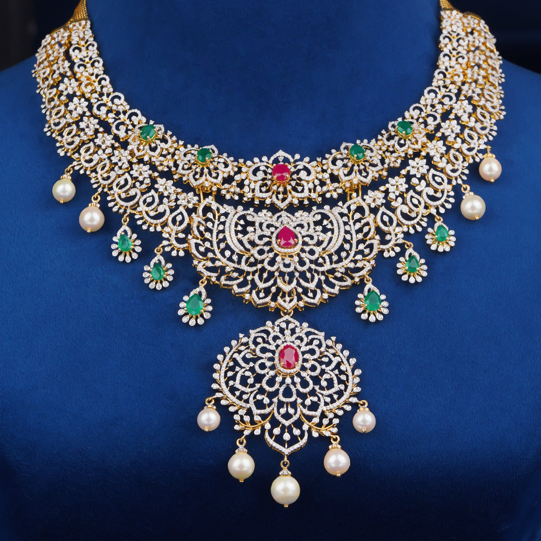 Diamond Bridal Necklace with Ruby, Emerald & Pearl Drops