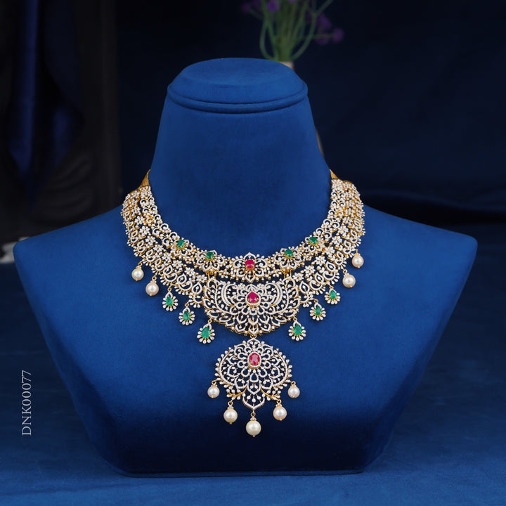 Diamond Bridal Necklace with Ruby, Emerald & Pearl Drops
