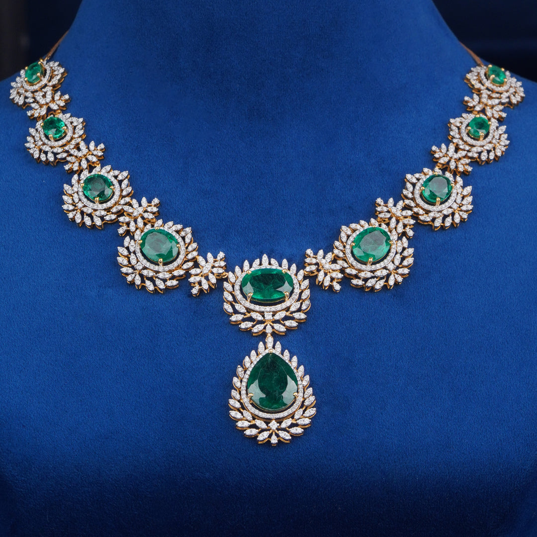 Diamond Necklace with Emerald Drop Pendant