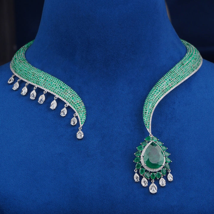 Diamond Necklace with Emerald Drop Pendant