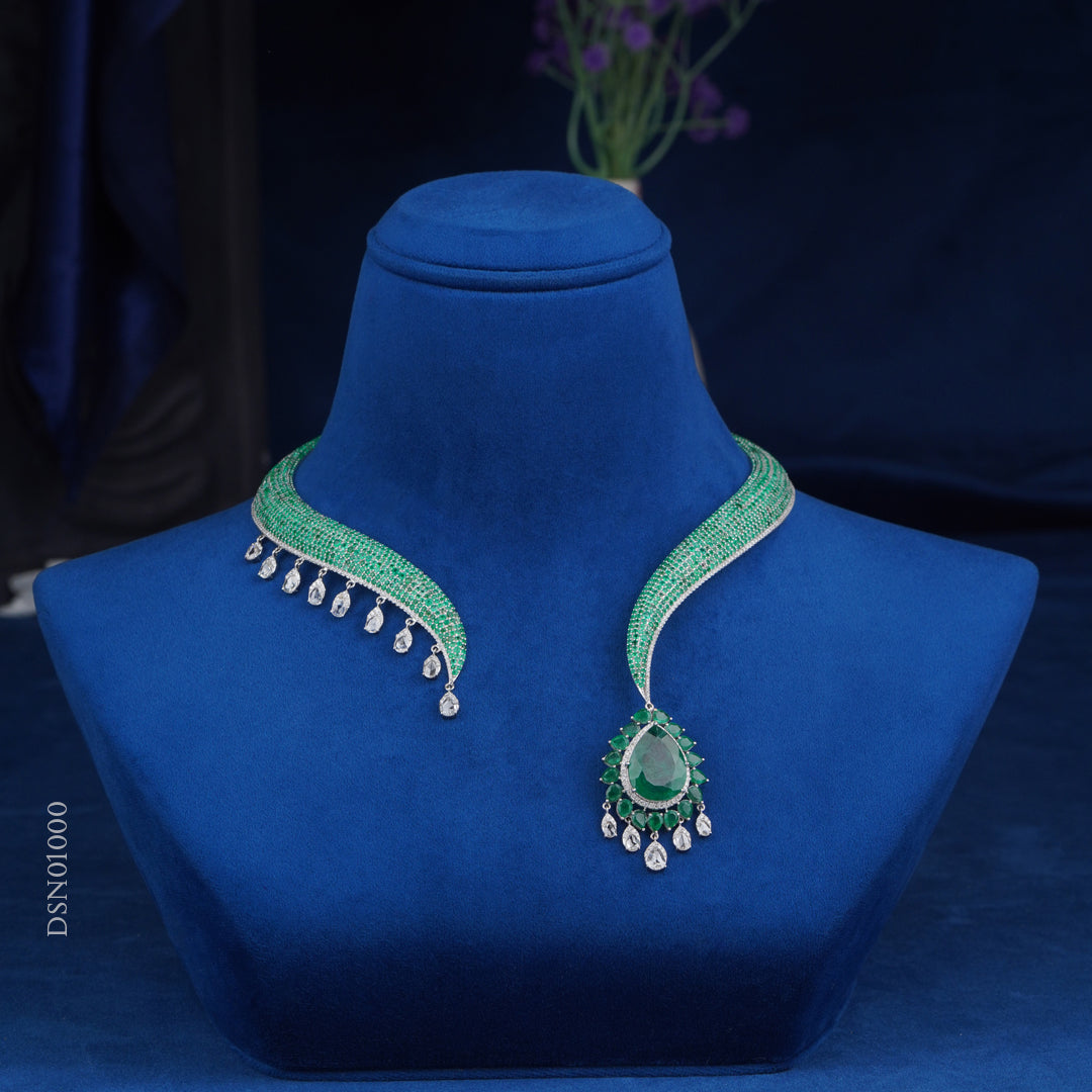 Diamond Necklace with Emerald Drop Pendant