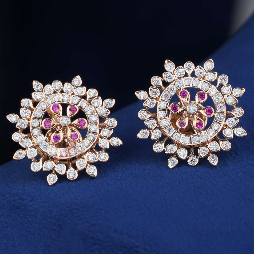 Diamond Stud Earrings with Ruby Accents