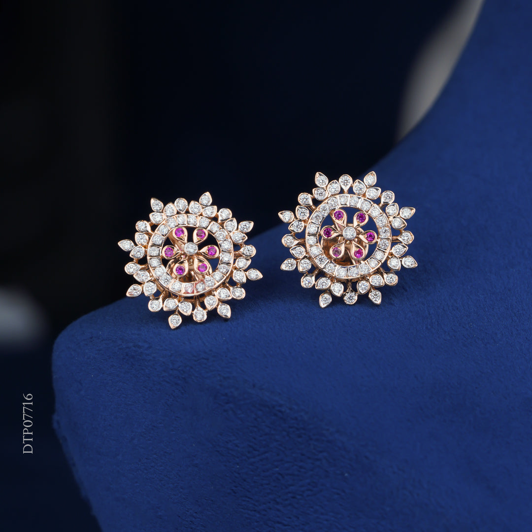 Diamond Stud Earrings with Ruby Accents