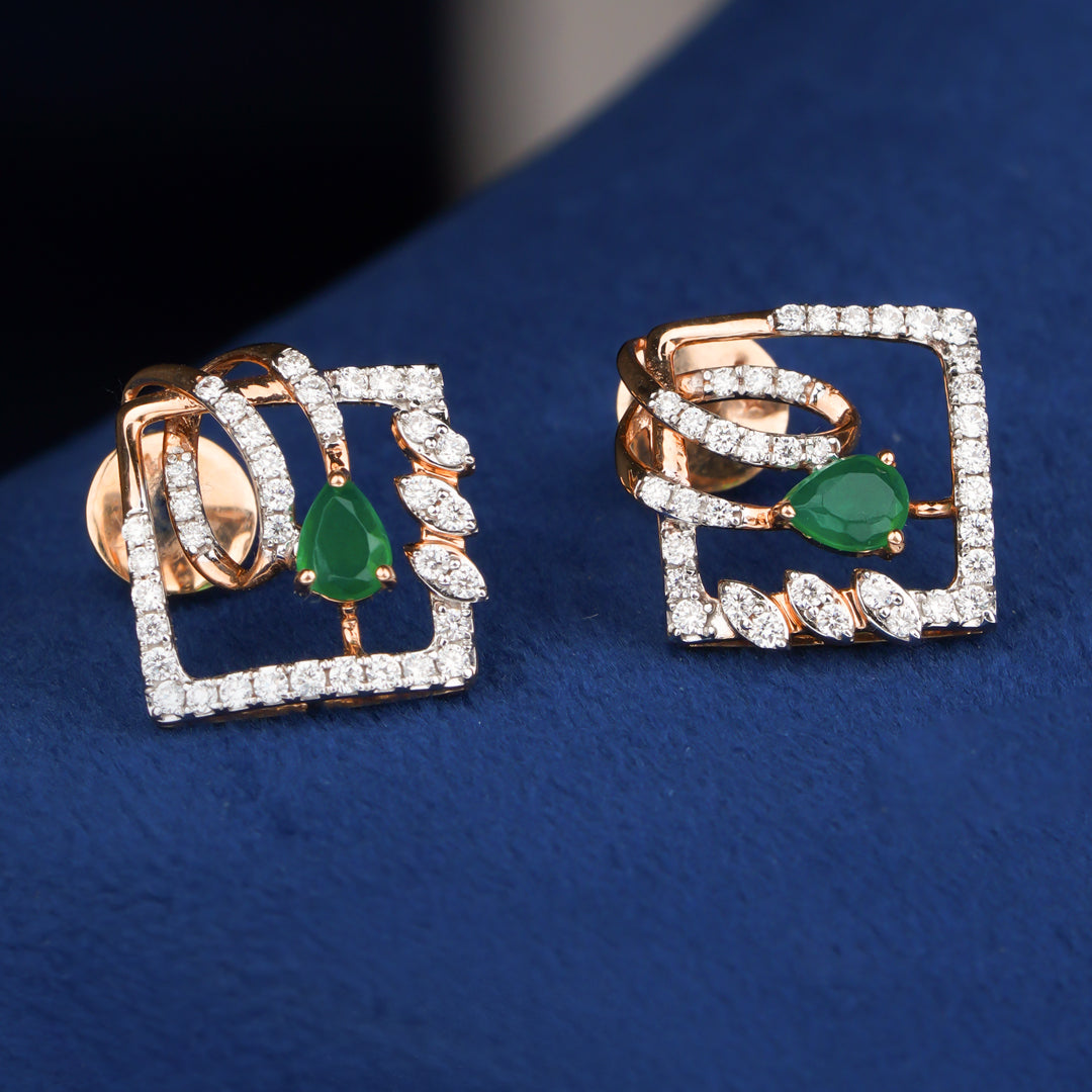 Diamond Stud Earrings with Emerald Accent