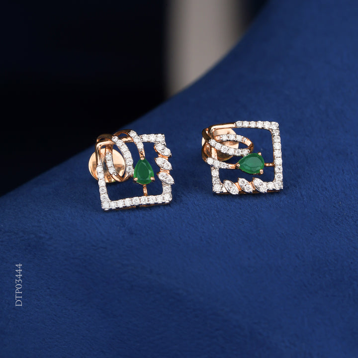Diamond Stud Earrings with Emerald Accent