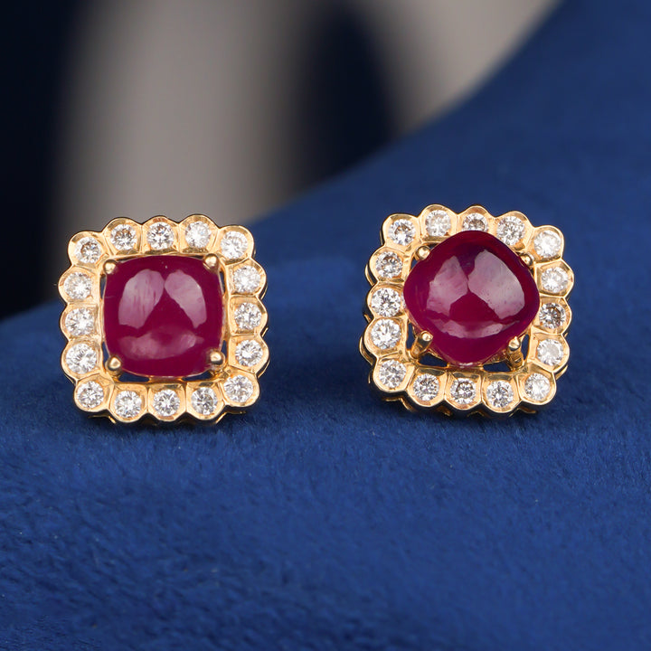 Diamond Stud Earrings with Ruby Center