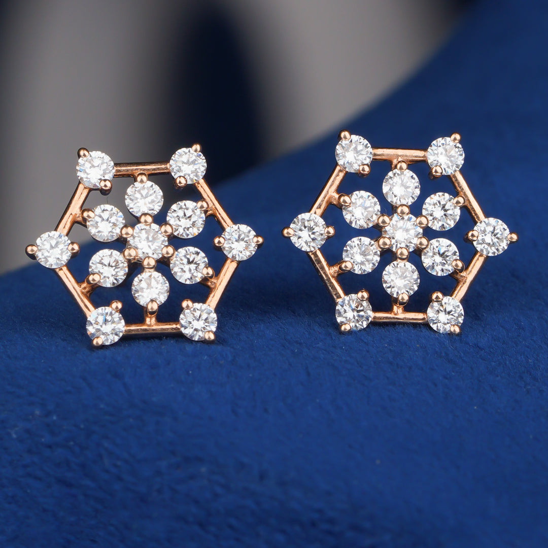 Diamond Hexagon Floral Stud Earrings