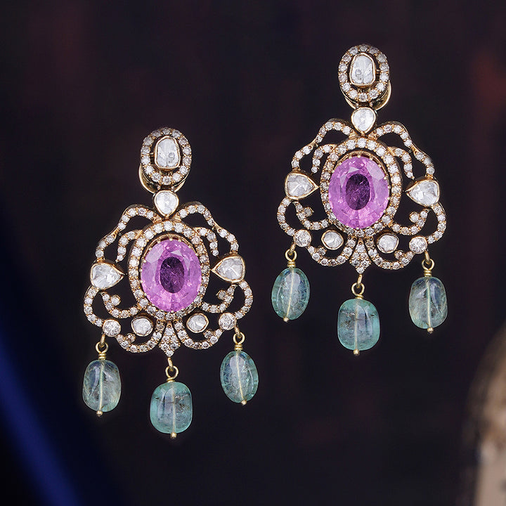 Pink Sapphire & Polki Diamond Chandelier Earrings with Emerald Drops