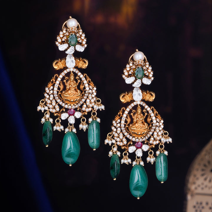 Temple Lakshmi Gold Polki Earrings with Emerald Drops & Pearls