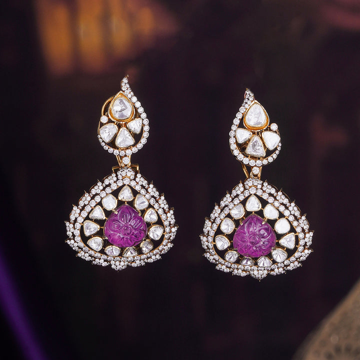 Pink Ruby Carved Polki Diamond Drop Earrings in Gold