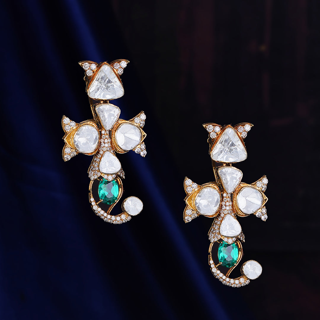 Polki Diamond Emerald Designer Drop Earrings in Gold