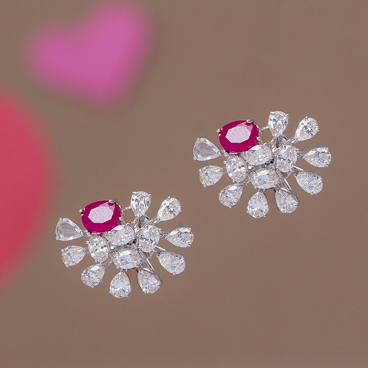 Ruby & Diamond Floral Stud Earrings in White Gold