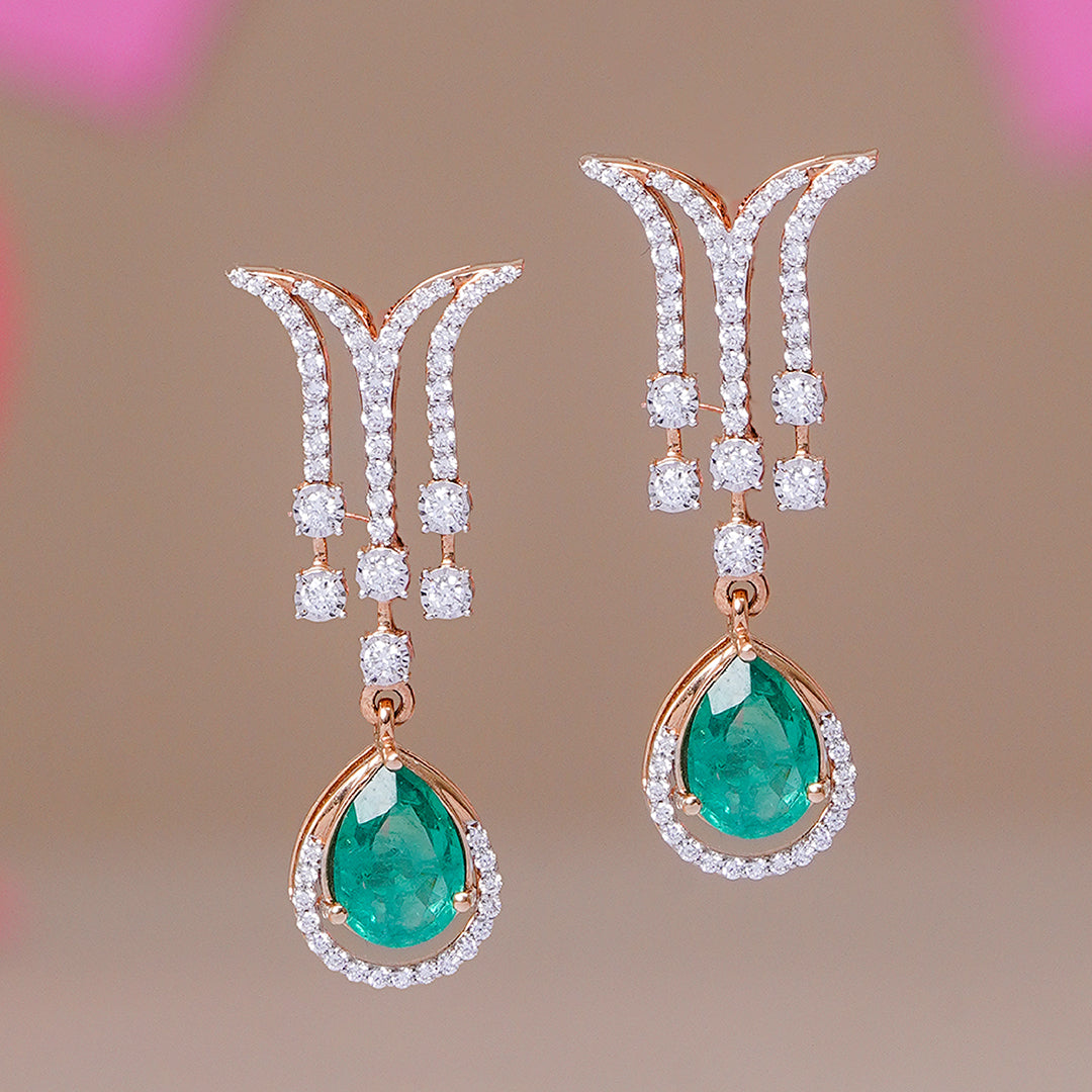 Emerald & Diamond Drop Earrings in Rose Gold