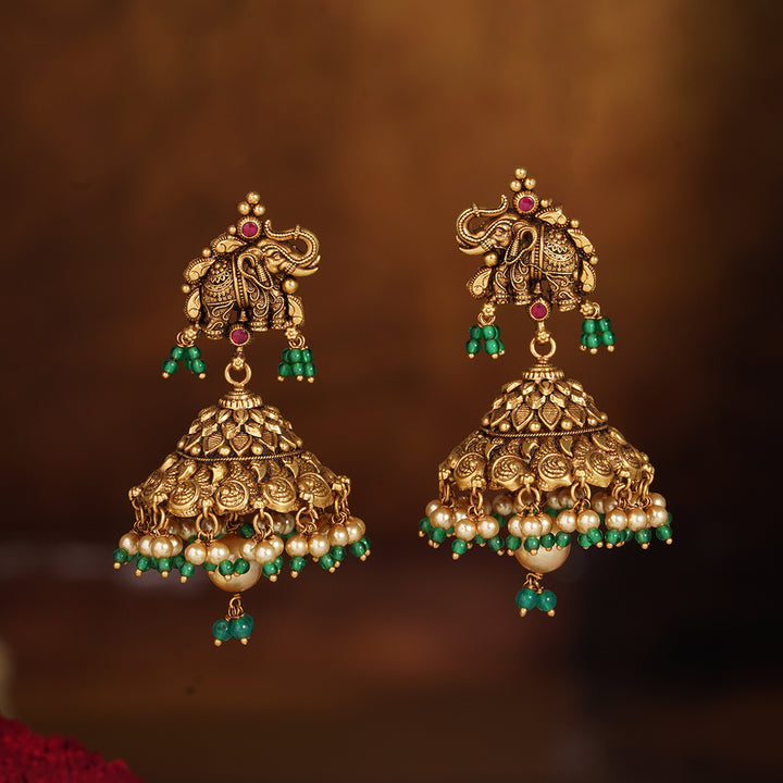 Temple Elephant Gold Jhumka Earrings with Pearls & Green Beads