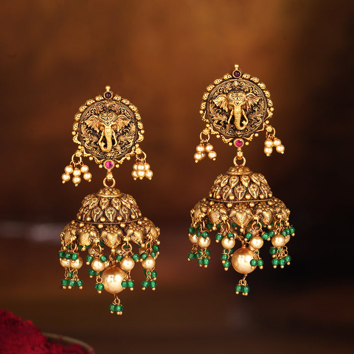 Temple Elephant Antique Gold Jhumka Earrings