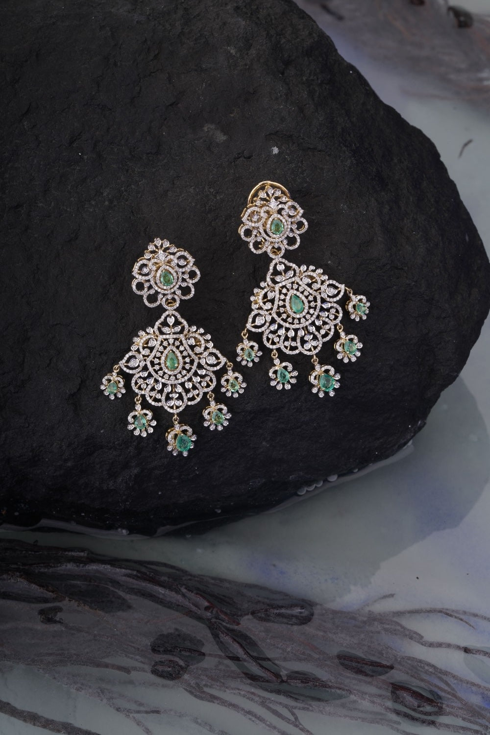 18KT Gold Diamond & Emerald Chandelier Earrings