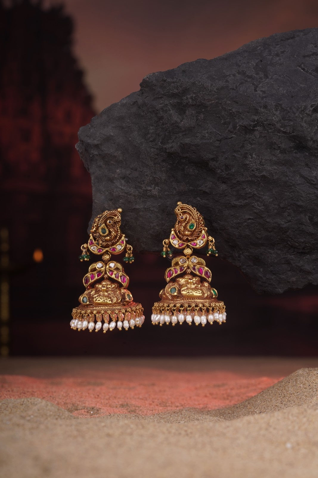 Antique Gold Temple Jhumka Earrings with Kemp Stones & Pearls