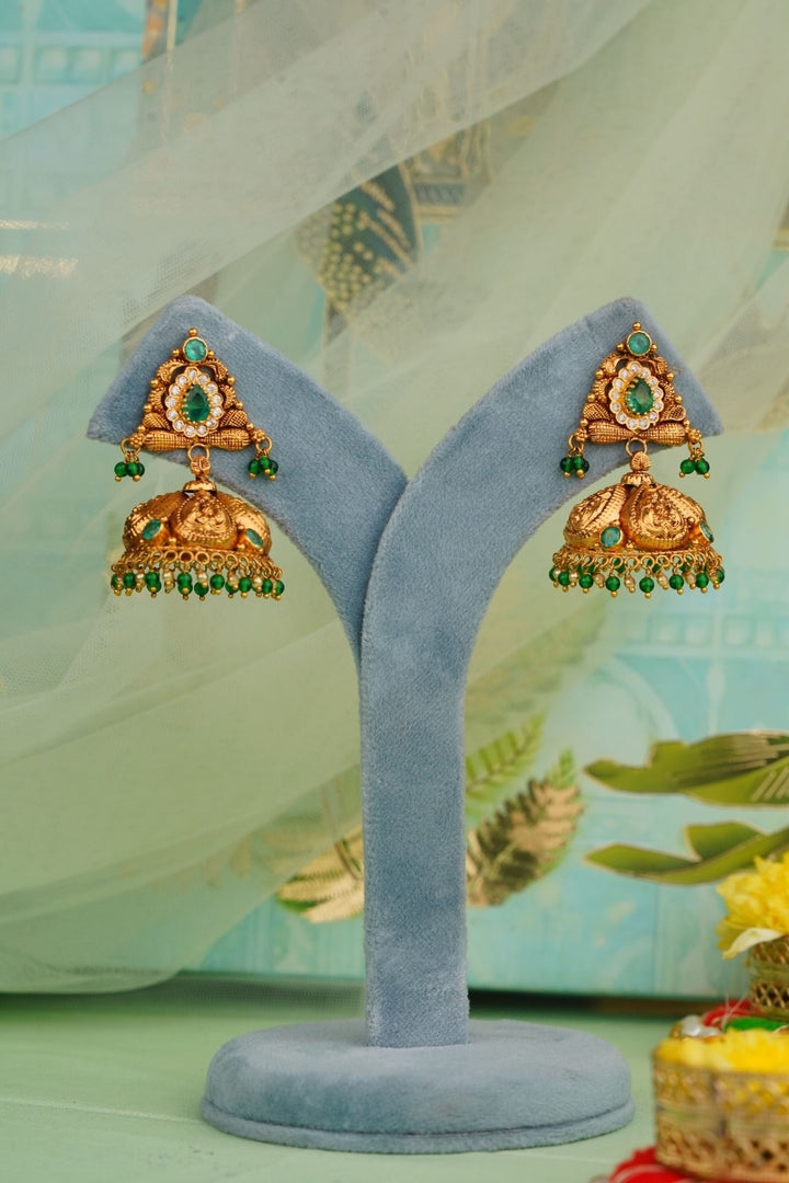 Antique Temple Gold Jhumka Earrings with Green Stones