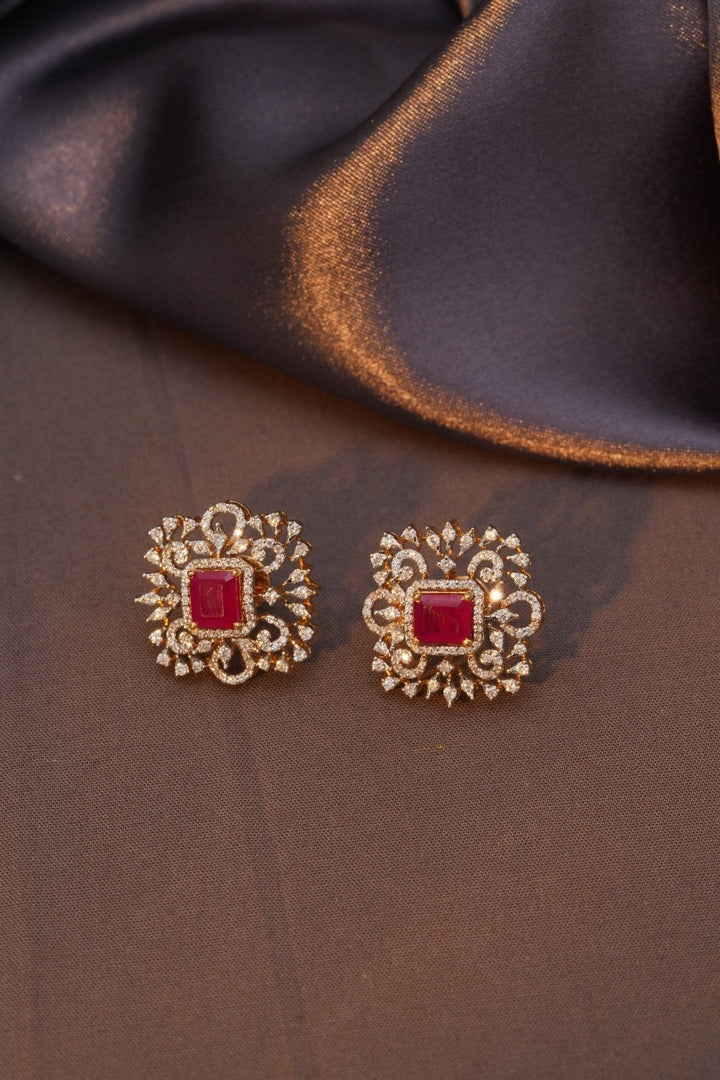 18KT Gold Ruby & Diamond Floral Stud Earrings