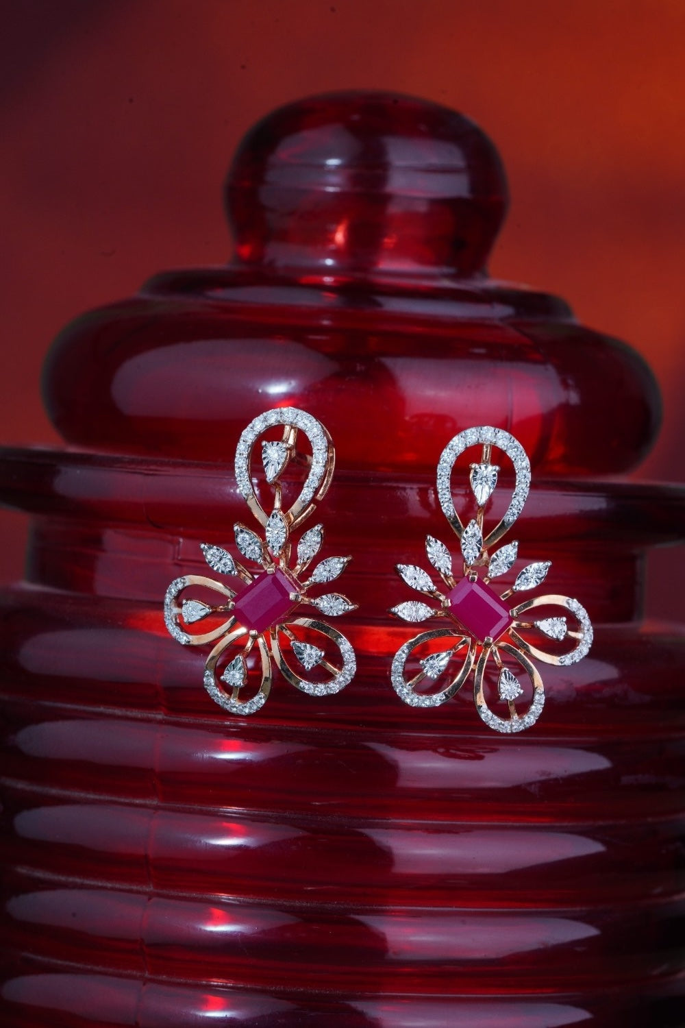 18KT Gold Ruby & Diamond Floral Statement Earrings