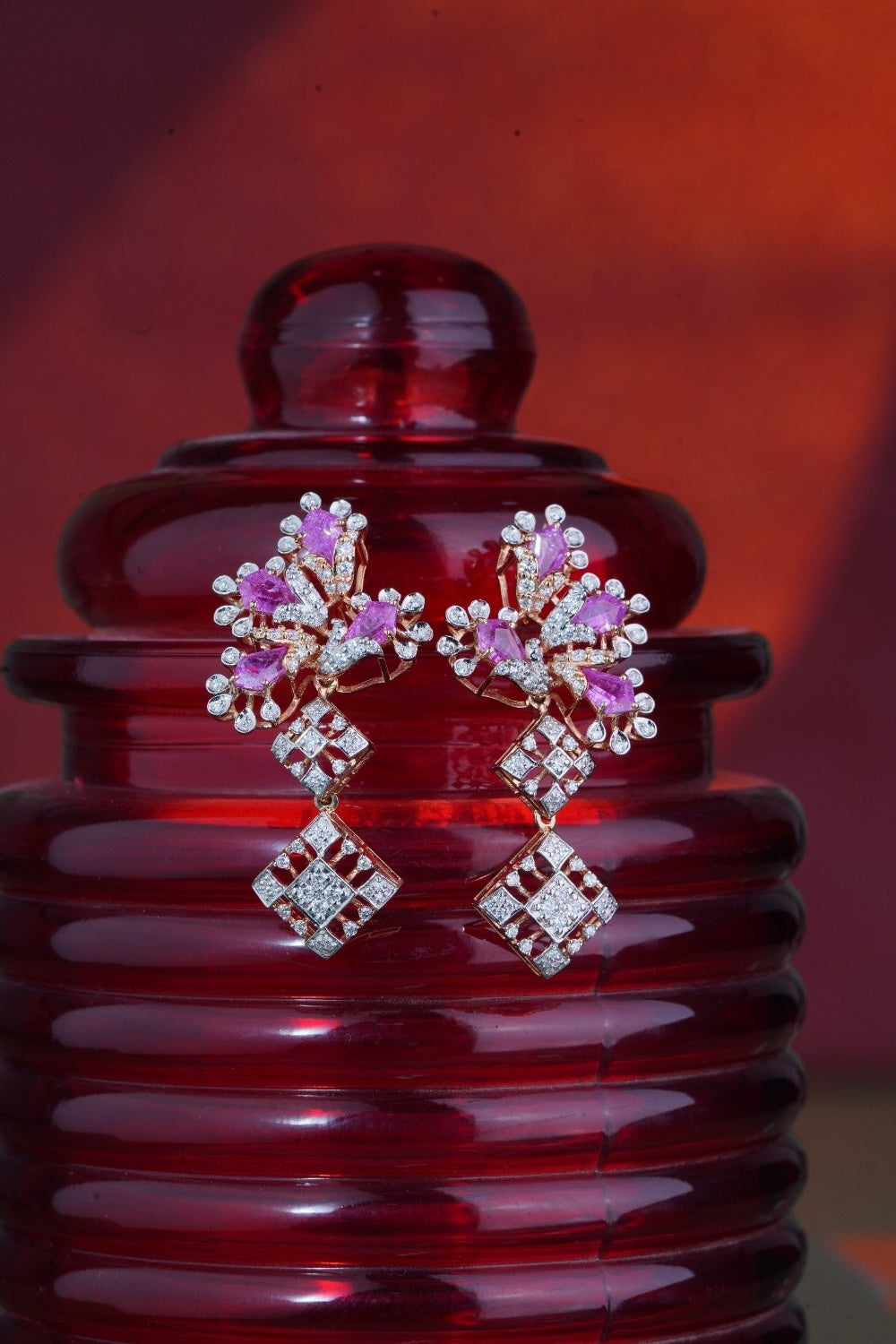 18KT Gold Pink Sapphire & Diamond Designer Drop Earrings