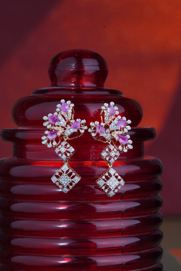 18KT Gold Pink Sapphire & Diamond Designer Drop Earrings