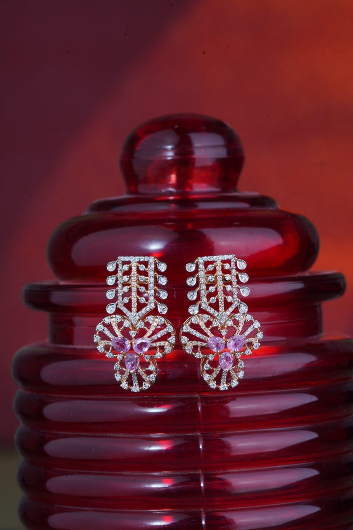 18KT Gold Pink Sapphire & Diamond Floral Drop Earrings