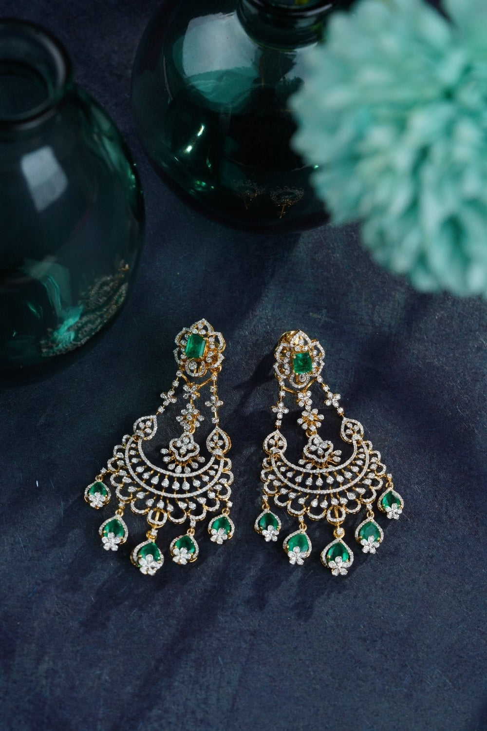 18KT Gold Emerald & Diamond Traditional Chandelier Earrings